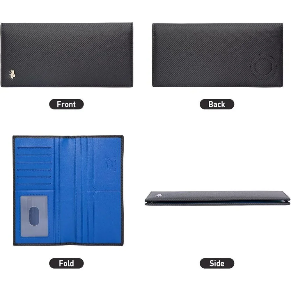 Men's Bifold Long Wallet Card Blue Real Leather Zipper Coin Pocket Design